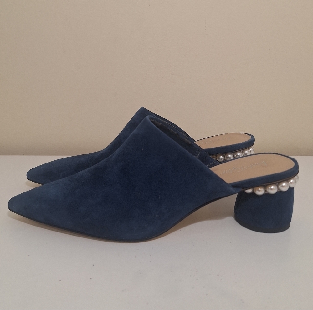 Lord & Taylor Pearl Trim Round Block Heal Nave Blue Suede Mules Size 9